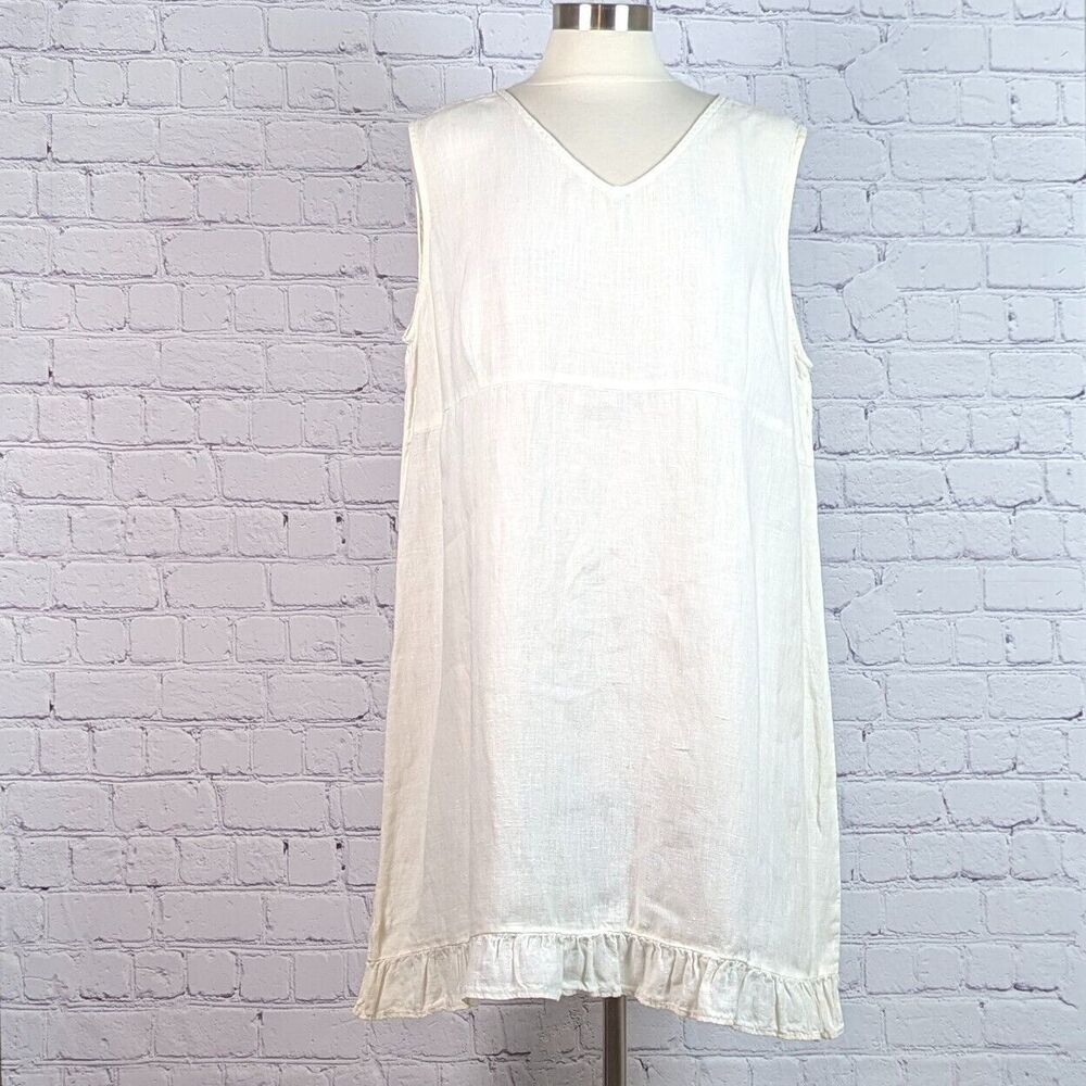 Match Point XL Ivory Linen Dress Sleeveless Ruffle Hem V Neck Lagelook Prairie